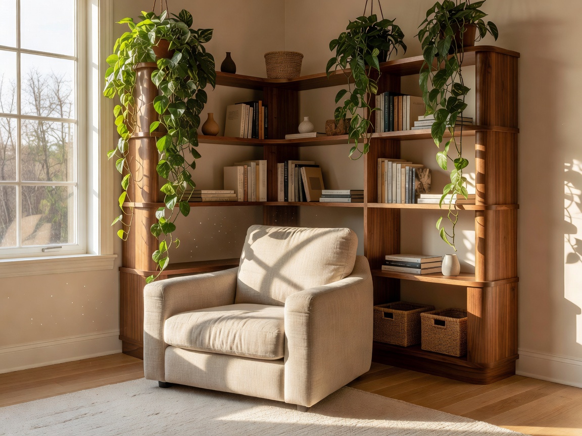Charming apartment living room featuring a sunlit ergonomic corner armchair, curved timber shelving, and hanging pothos plants