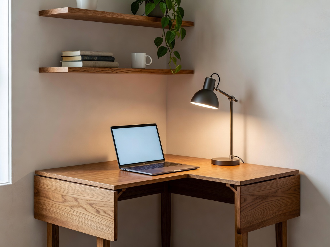 Compact drop-leaf corner desk folded open with laptop, task lamp, and warm oak floating shelving above