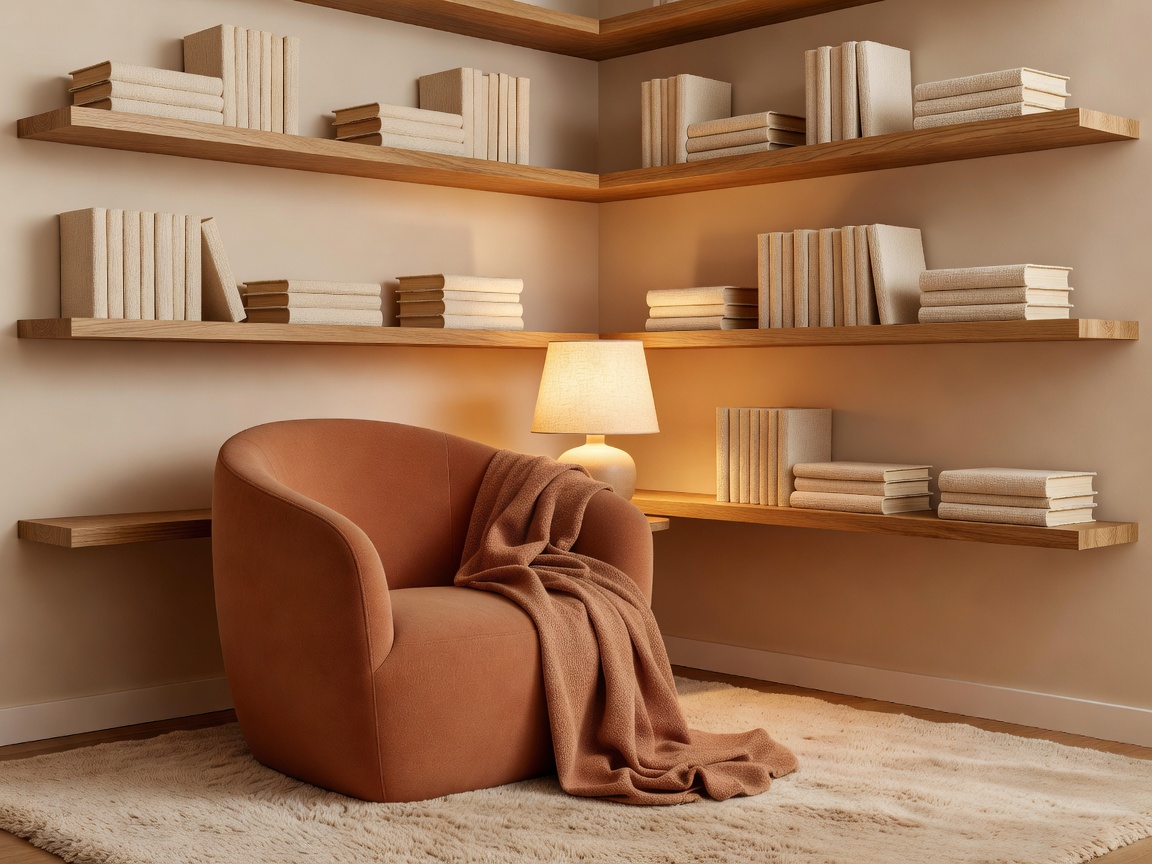 Inviting reading nook with a terracotta bucket chair, warm reading lamp, and floating wooden corner bookshelves