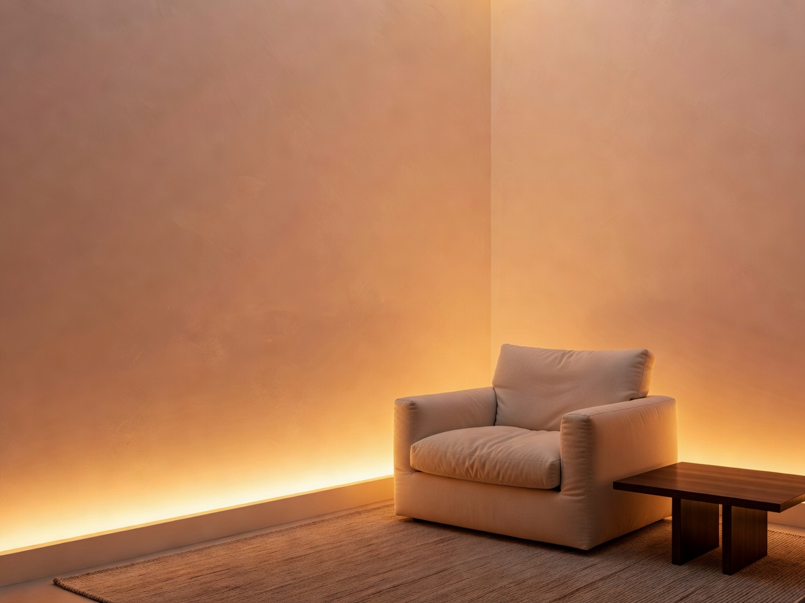 Living room with ambient uplighting tucked into the corner, casting soft warm amber gradients across painted plaster walls