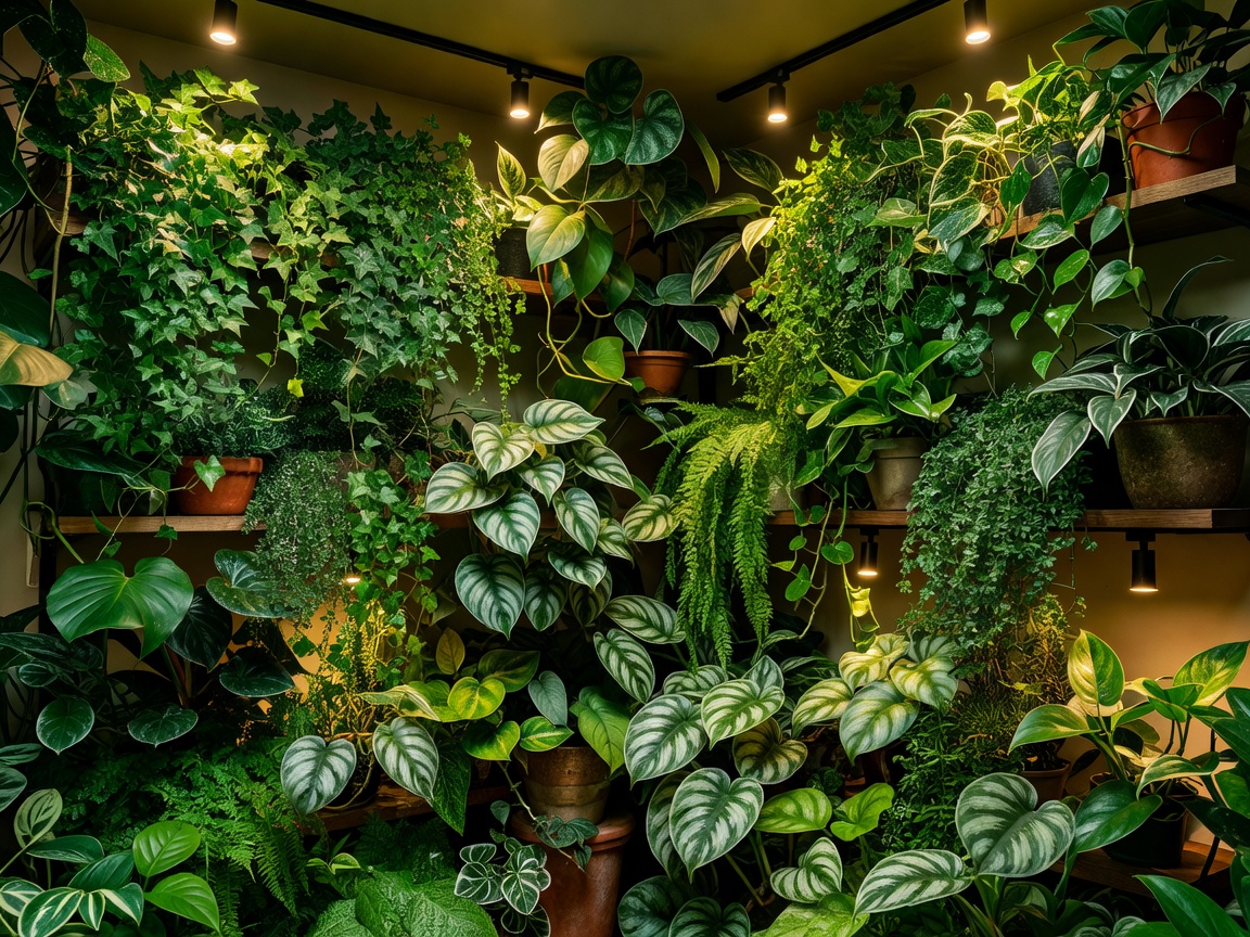 Lush vertical indoor plant corner with tiered trailing ivy, scindapsus, and warm LED track spotlighting