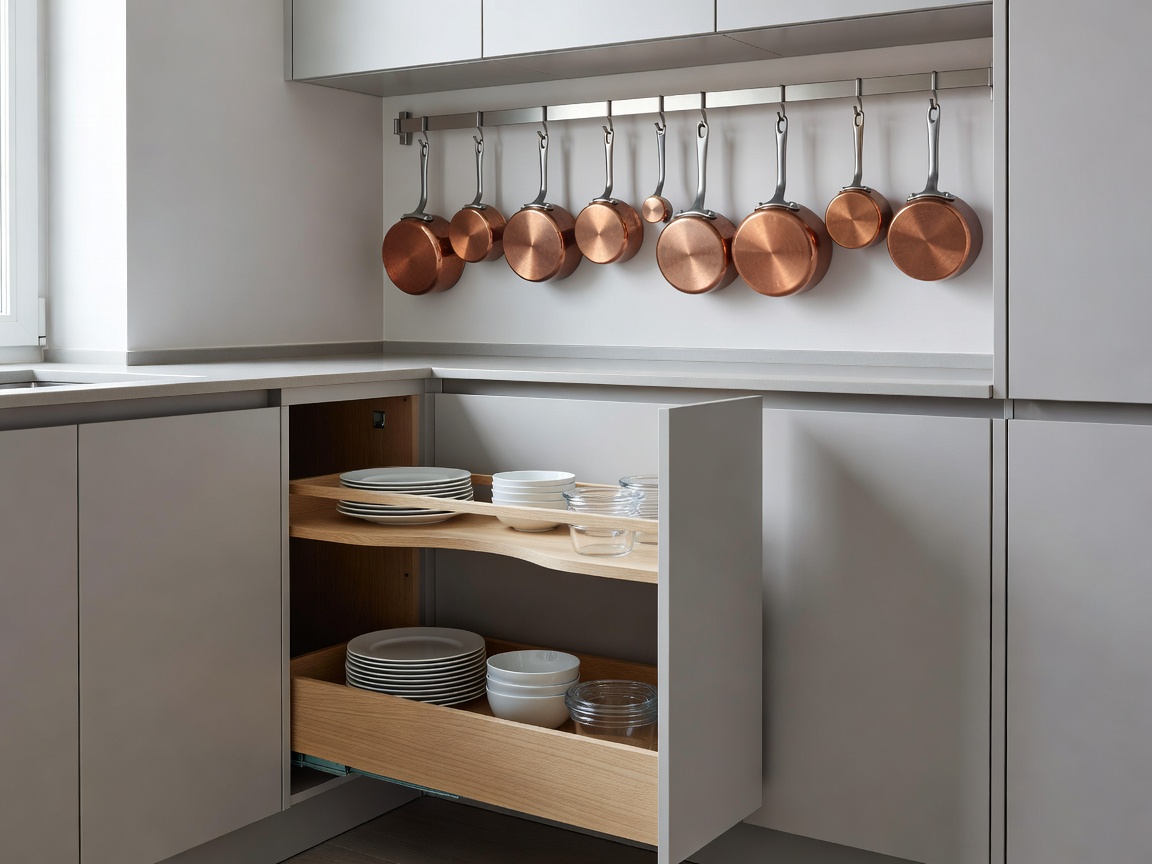 Organized modern compact kitchen corner featuring pull-out kidney shelves and a sleek wall-mounted rail for copper pans